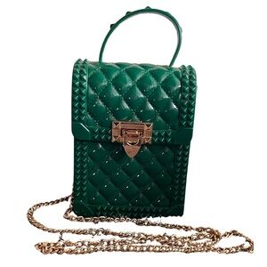 Green Rubber Quilted Crossbody Purse, Gold Chain